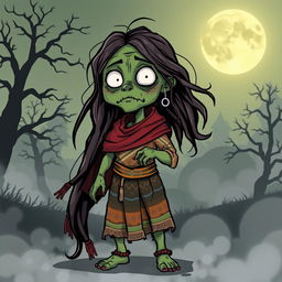A cartoonish zombie depiction of a cholita woman inspired by Sayuri Loza from Bolivia