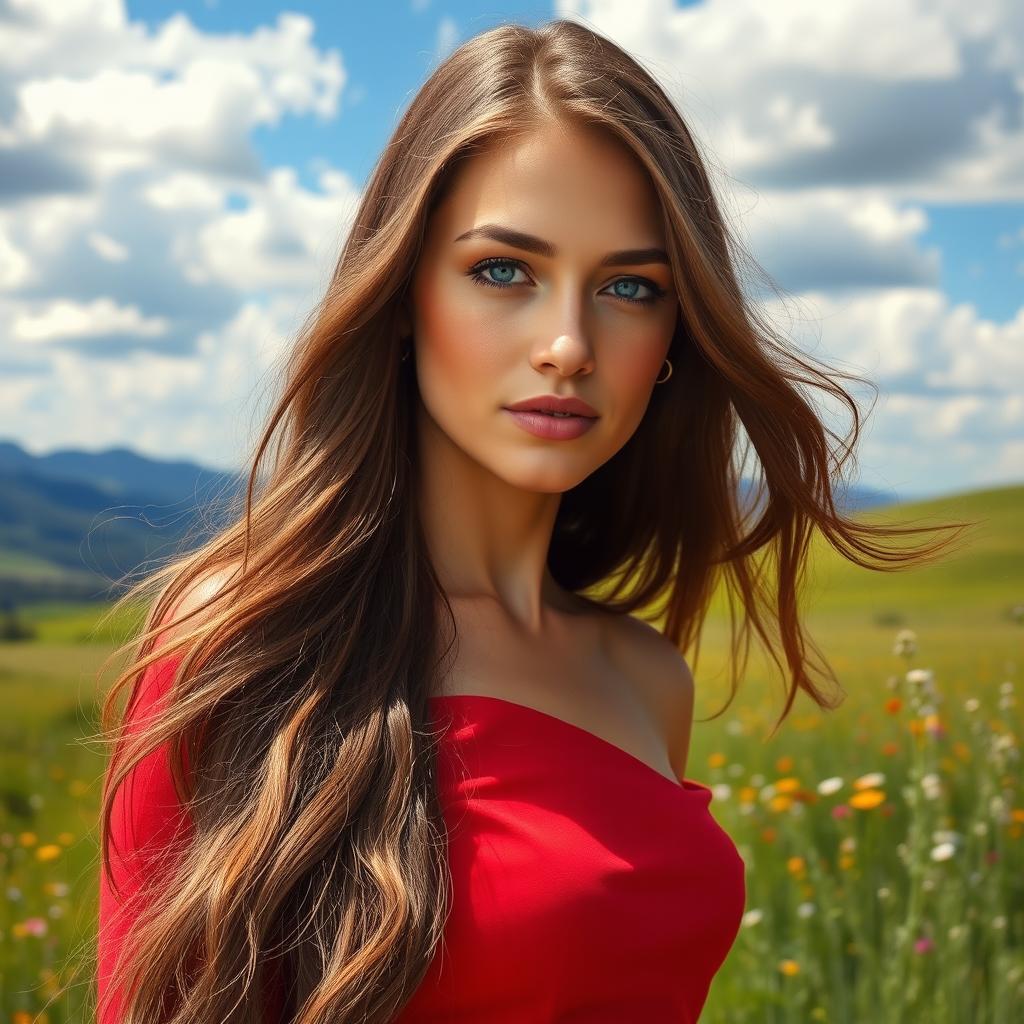 A stunning portrait of a woman with long flowing hair, wearing a vibrant red dress that elegantly drapes around her