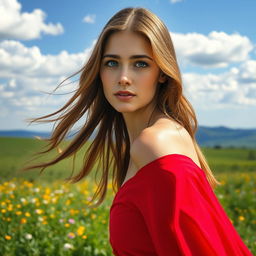 A stunning portrait of a woman with long flowing hair, wearing a vibrant red dress that elegantly drapes around her