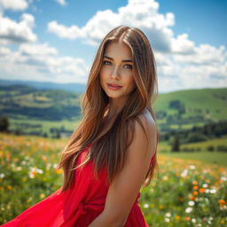 A stunning portrait of a woman with long flowing hair, wearing a vibrant red dress that elegantly drapes around her