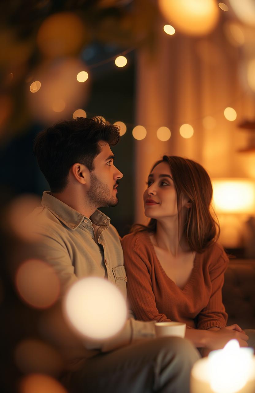 A tranquil and nostalgic scene depicting a romantic evening between a couple