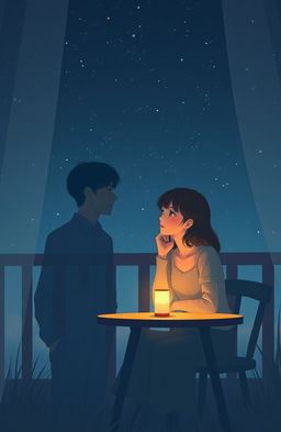 A nostalgic scene depicting a couple in a cozy setting under a starry night sky