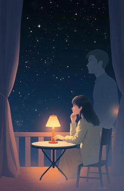 A nostalgic scene depicting a couple in a cozy setting under a starry night sky