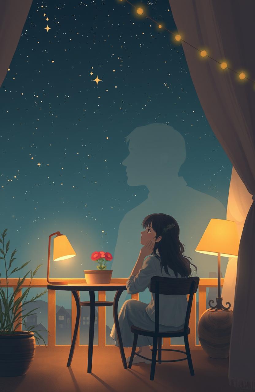 A nostalgic scene depicting a couple in a cozy setting under a starry night sky