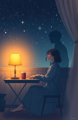A nostalgic scene depicting a couple in a cozy setting under a starry night sky