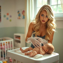 A young woman resembling a popular pop singer, with long, wavy blonde hair, wearing clear vinyl gloves while changing a baby’s diaper