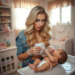 A young woman resembling a popular pop singer, with long, wavy blonde hair, wearing clear vinyl gloves while changing a baby’s diaper