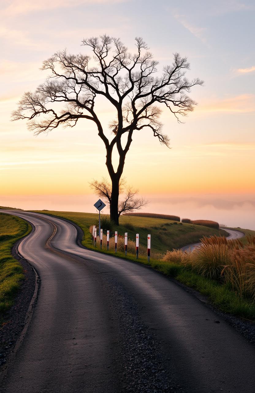A serene landscape featuring five winding roads converging towards a beautiful horizon
