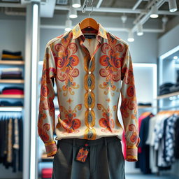 A stylish shirt designed with intricate patterns, featuring vibrant colors and a contemporary cut