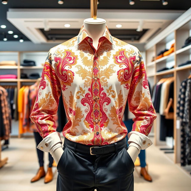 A stylish shirt designed with intricate patterns, featuring vibrant colors and a contemporary cut