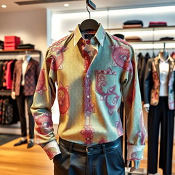 A stylish shirt designed with intricate patterns, featuring vibrant colors and a contemporary cut