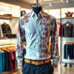A stylish shirt designed with intricate patterns, featuring vibrant colors and a contemporary cut