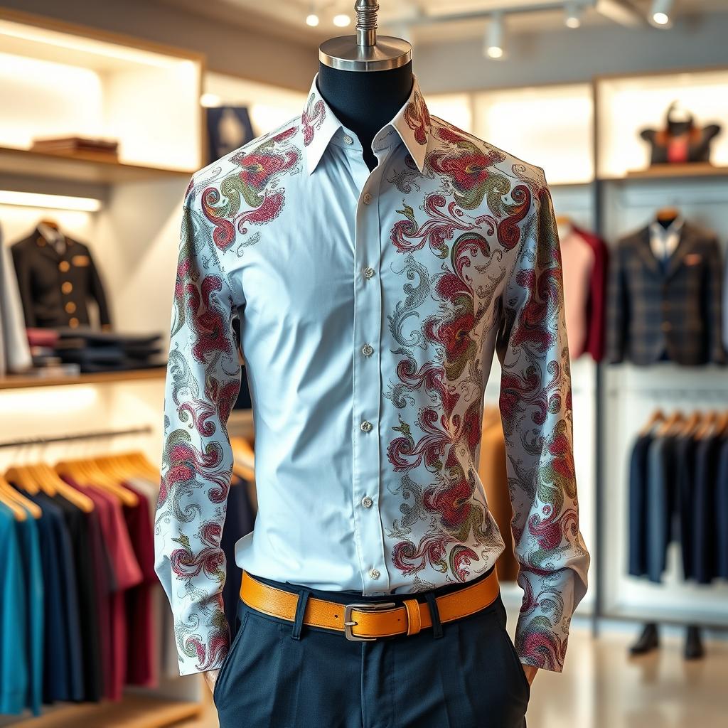 A stylish shirt designed with intricate patterns, featuring vibrant colors and a contemporary cut