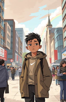 A poignant illustration of a young refugee boy standing in a bustling English city, facing challenges and obstacles