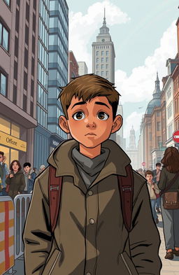 A poignant illustration of a young refugee boy standing in a bustling English city, facing challenges and obstacles