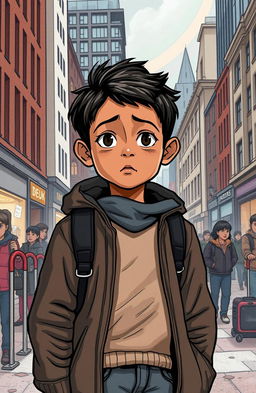 A poignant illustration of a young refugee boy standing in a bustling English city, facing challenges and obstacles