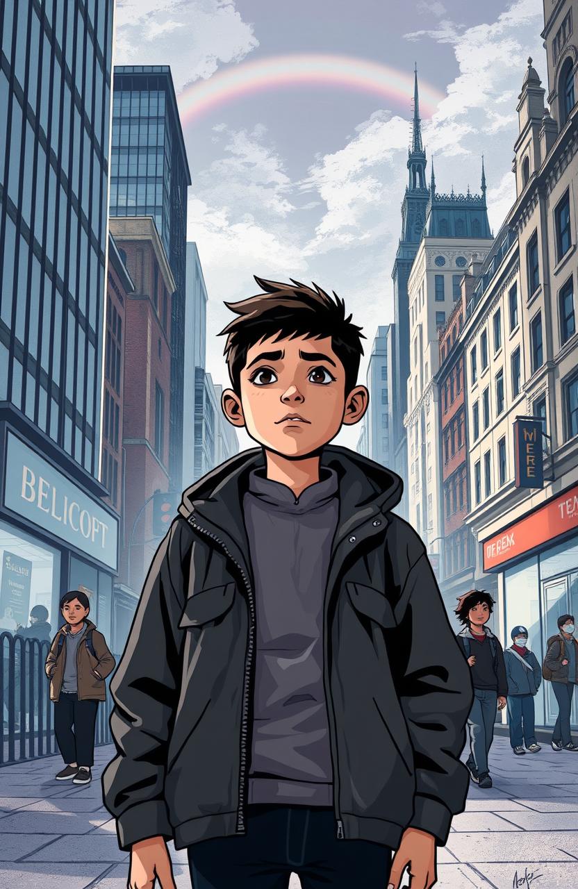 A poignant illustration of a young refugee boy standing in a bustling English city, facing challenges and obstacles