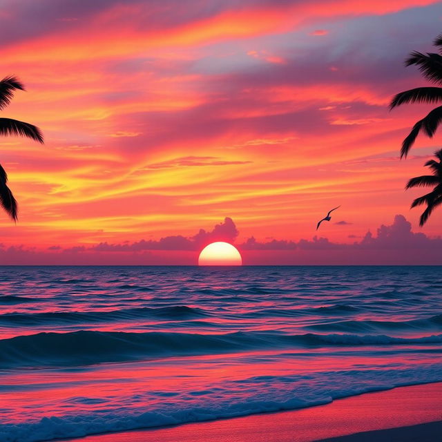 A stunning sunset over a calm ocean, with vibrant orange, pink and purple hues painting the sky