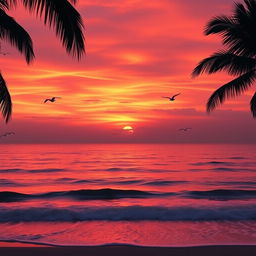 A stunning sunset over a calm ocean, with vibrant orange, pink and purple hues painting the sky
