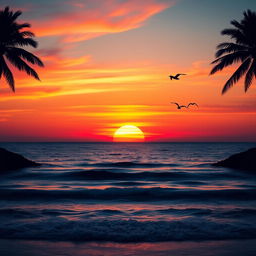 A stunning sunset over a calm ocean, with vibrant orange, pink and purple hues painting the sky