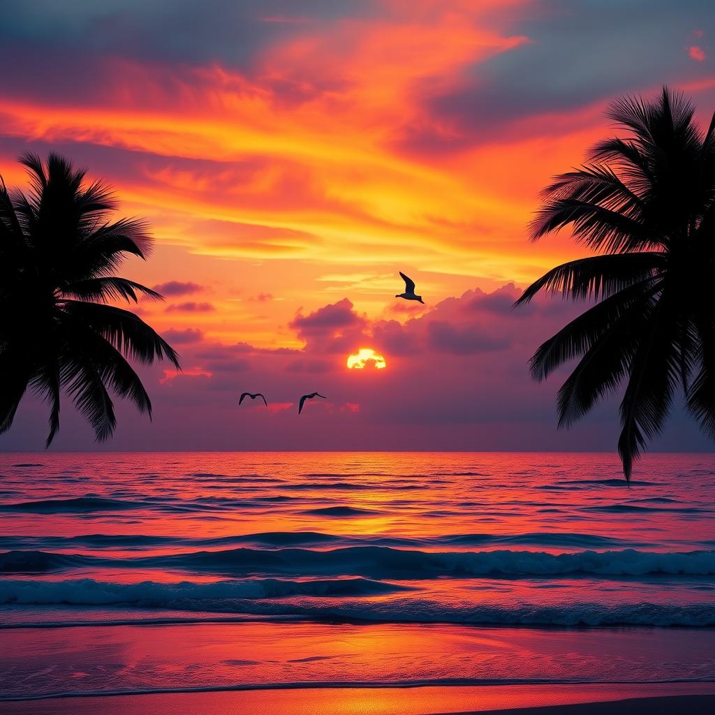 A stunning sunset over a calm ocean, with vibrant orange, pink and purple hues painting the sky