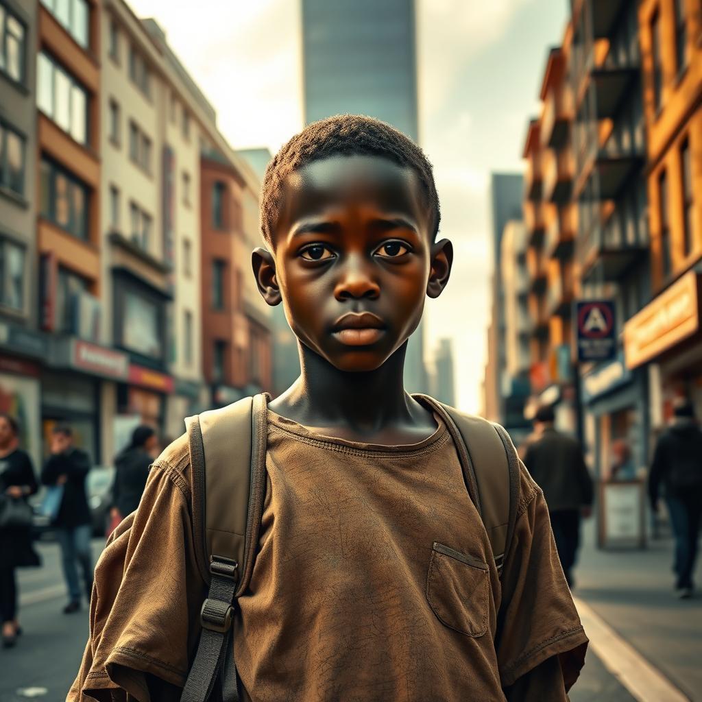 An evocative scene depicting the journey of an African refugee boy in England, portraying him amidst a bustling city street, surrounded by elements that symbolize both struggle and hope