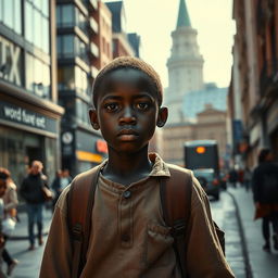 An evocative scene depicting the journey of an African refugee boy in England, portraying him amidst a bustling city street, surrounded by elements that symbolize both struggle and hope
