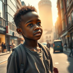 An evocative scene depicting the journey of an African refugee boy in England, portraying him amidst a bustling city street, surrounded by elements that symbolize both struggle and hope