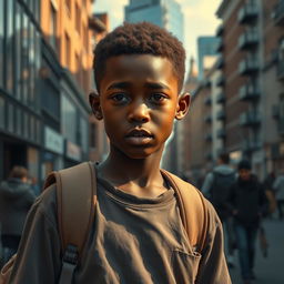 An evocative scene depicting the journey of an African refugee boy in England, portraying him amidst a bustling city street, surrounded by elements that symbolize both struggle and hope