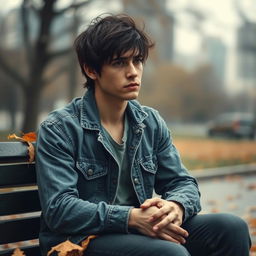 A melancholic young man sitting alone on a park bench, his face reflecting sorrow and disappointment after a failed romantic relationship