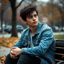 A melancholic young man sitting alone on a park bench, his face reflecting sorrow and disappointment after a failed romantic relationship