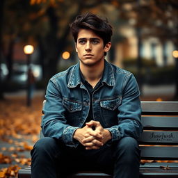 A melancholic young man sitting alone on a park bench, his face reflecting sorrow and disappointment after a failed romantic relationship