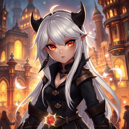 An original character inspired by Arcane, featuring striking amber eyes, long flowing white hair, and adorned with black piercings in her ears