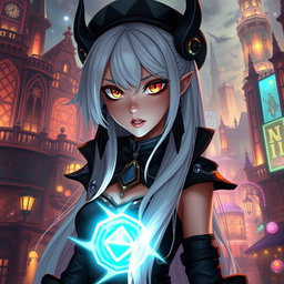 An original character inspired by Arcane, featuring striking amber eyes, long flowing white hair, and adorned with black piercings in her ears