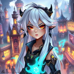 An original character inspired by Arcane, featuring striking amber eyes, long flowing white hair, and adorned with black piercings in her ears