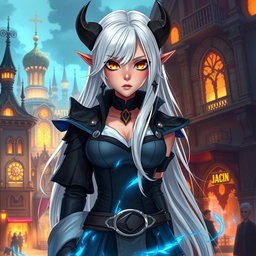 An original character inspired by Arcane, featuring striking amber eyes, long flowing white hair, and adorned with black piercings in her ears