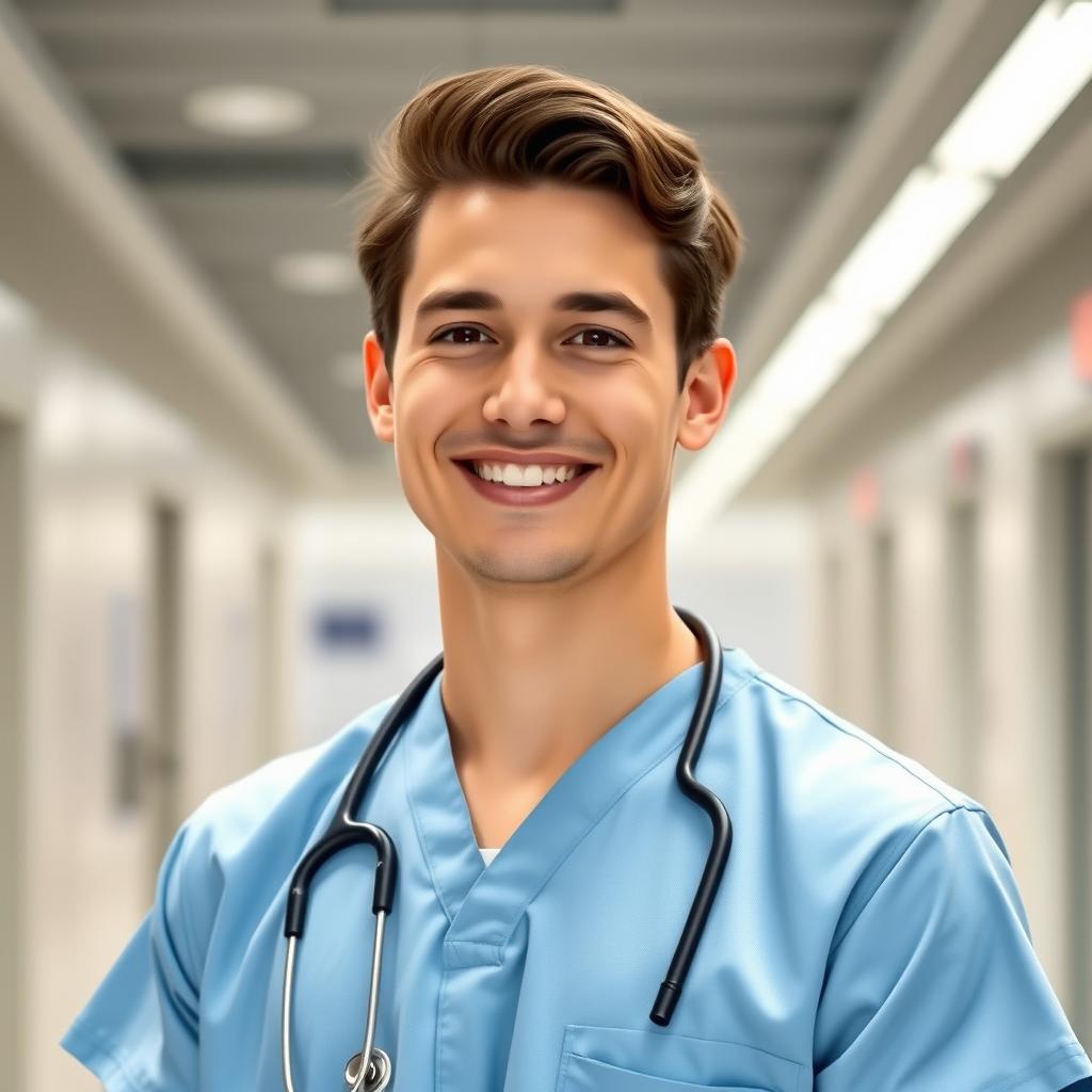 A profile picture of a confident young male nurse named Joel, wearing light blue scrubs and a stethoscope around his neck