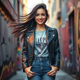 A striking portrait of a confident woman in her late 20s, standing in a vibrant urban alley dressed in a stylish yet casual leather jacket with a chic graphic tee and high-waisted jeans