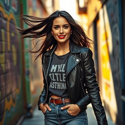 A striking portrait of a confident woman in her late 20s, standing in a vibrant urban alley dressed in a stylish yet casual leather jacket with a chic graphic tee and high-waisted jeans