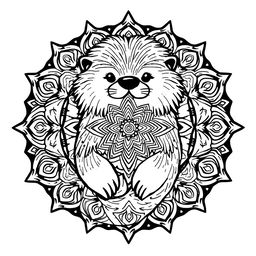 An uncolored mandala design featuring a cute, stylized hairy sea otter, intricately crafted with mandala patterns inside its shape