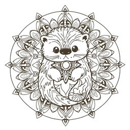 An uncolored mandala design featuring a cute, stylized hairy sea otter, intricately crafted with mandala patterns inside its shape