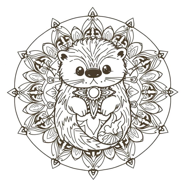 An uncolored mandala design featuring a cute, stylized hairy sea otter, intricately crafted with mandala patterns inside its shape