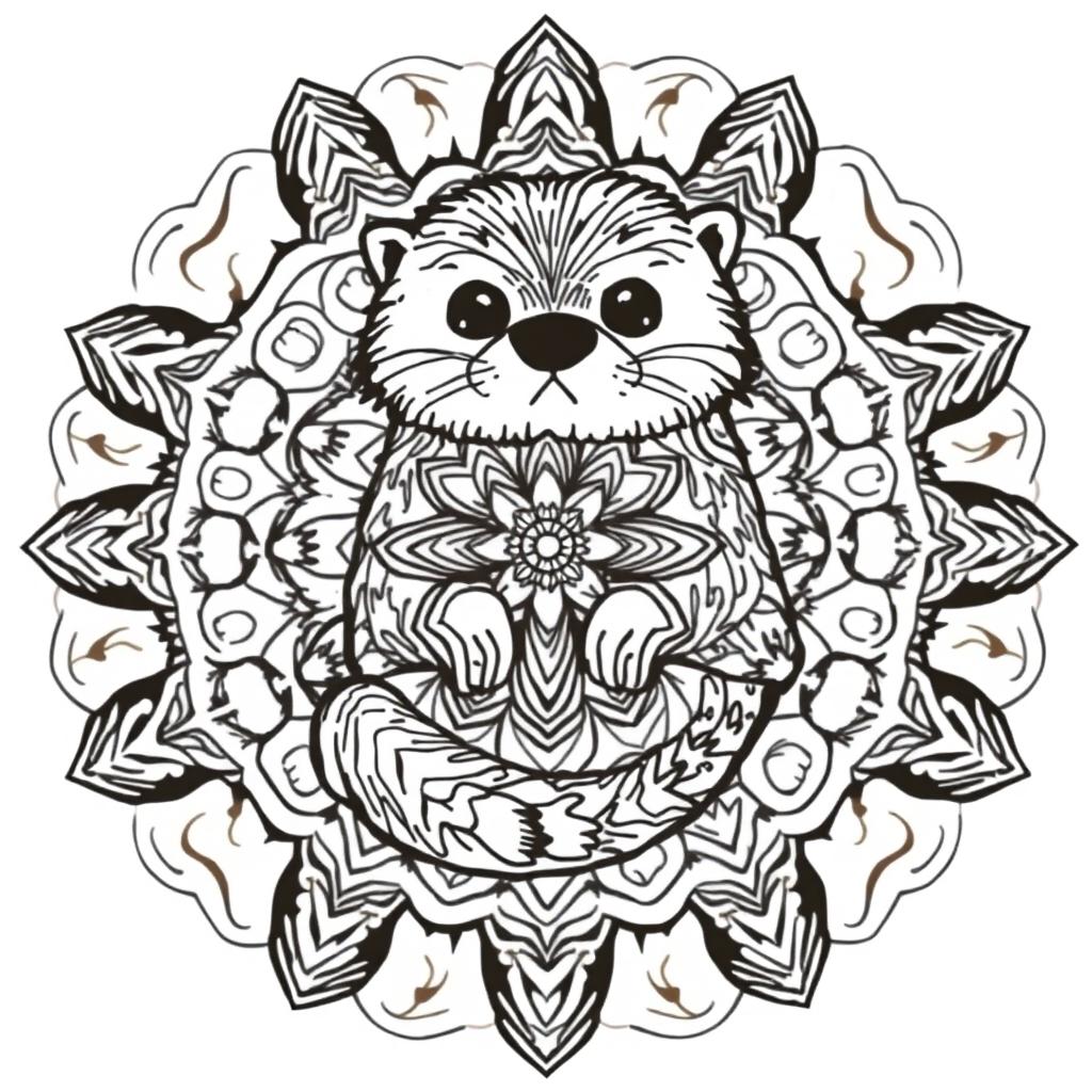 An uncolored mandala design featuring a cute, stylized hairy sea otter, intricately crafted with mandala patterns inside its shape