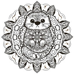 An uncolored mandala design featuring a cute, stylized hairy sea otter, intricately crafted with mandala patterns inside its shape