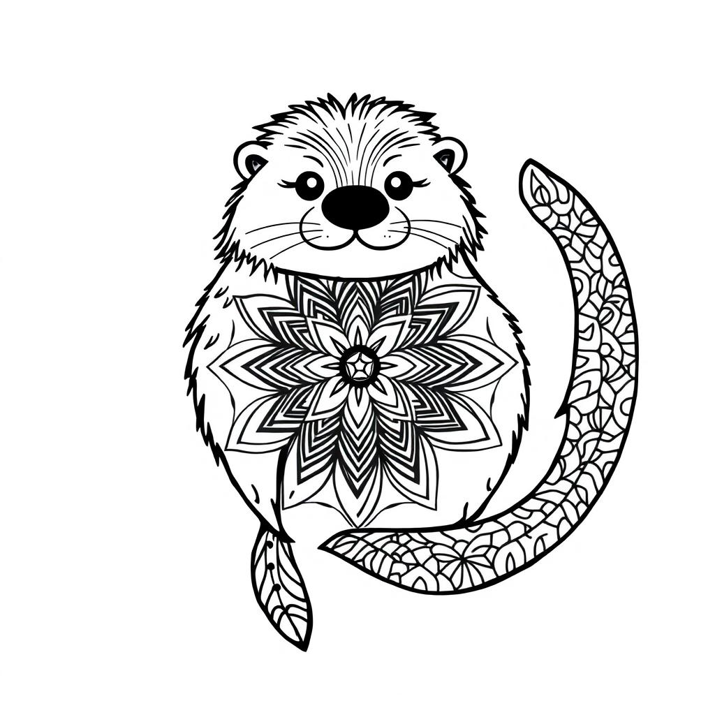 An uncolored mandala design featuring a stylized hairy sea otter, incorporating mandala elements within its form