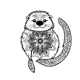 An uncolored mandala design featuring a stylized hairy sea otter, incorporating mandala elements within its form
