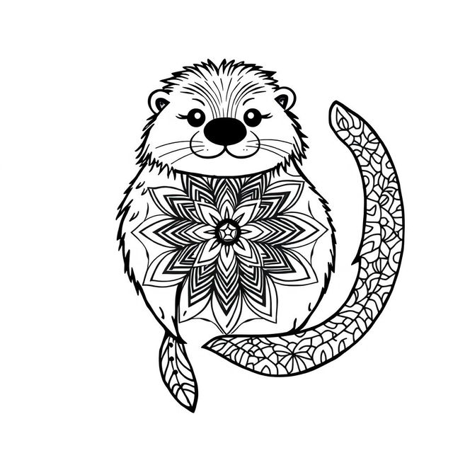 An uncolored mandala design featuring a stylized hairy sea otter, incorporating mandala elements within its form