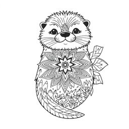 An uncolored mandala design featuring a stylized hairy sea otter, incorporating mandala elements within its form