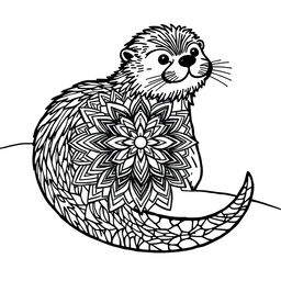An uncolored mandala design featuring a stylized hairy sea otter, incorporating mandala elements within its form