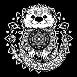 An uncolored mandala design featuring a stylized hairy sea otter, incorporating mandala elements within its form